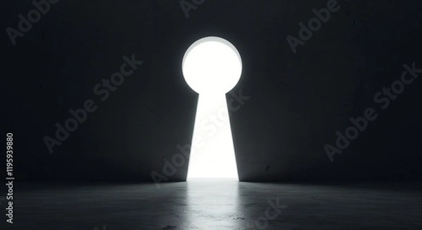Obraz A minimalist view of a light source shaped like a keyhole illuminating an otherwise dark space, symbolizing discovery, opportunity, and unlocking potential.

