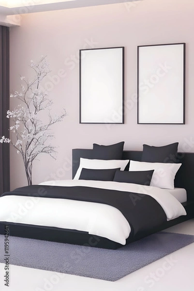 Fototapeta Modern minimalist bedroom interior design, featuring a large bed with black and white bedding,  empty picture frames, and a decorative tree branch. Ideal for interior design blogs or websites