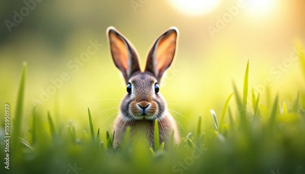 Fototapeta Rabbit in grass looking curiously