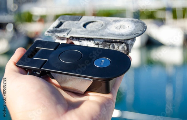 Obraz Two locks for the sailing yacht's lockers. One is old, and one is new as a replacement