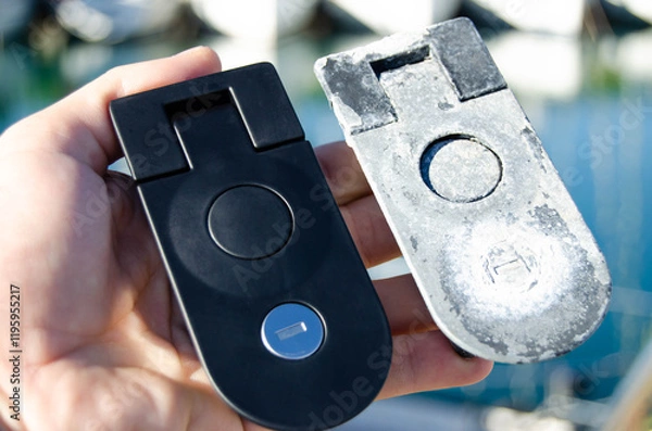 Obraz Two locks for the sailing yacht's lockers. One is old, and one is new as a replacement