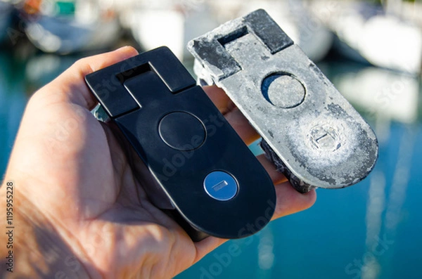 Obraz Two locks for the sailing yacht's lockers. One is old, and one is new as a replacement