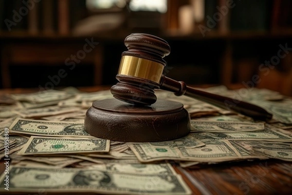 Fototapeta conceptual representation of corruption bankruptcy and auction bidding illustrated through a judges gavel resting on bundles of dollar bills on a wooden table evoking themes of financial struggle