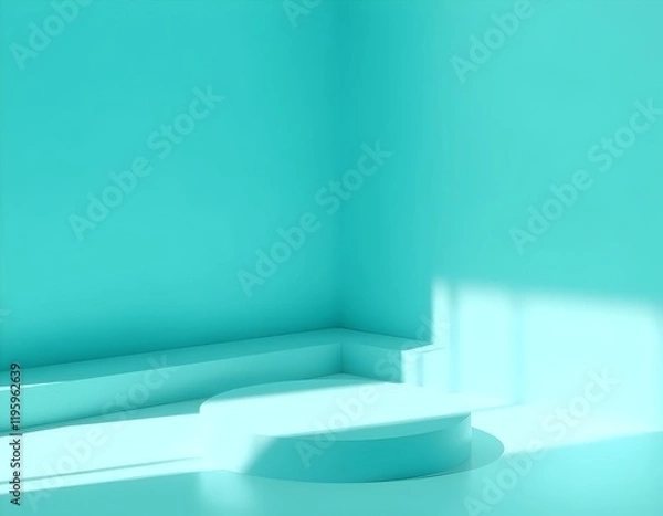Fototapeta Calming Teal 3D Interior Corner with Smooth Surfaces and Modern Minimalism
