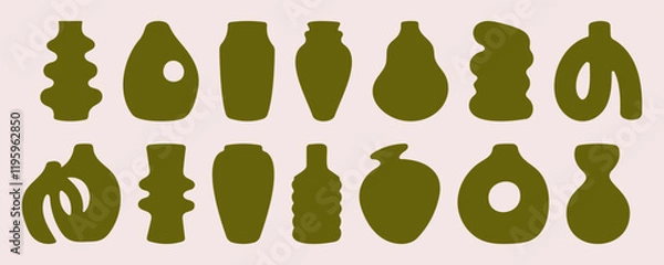 Fototapeta Abstract boho vases silhouette set. Handmade ceramic pots of bizarre shapes. Vector pottery illustration, trendy minimalist style. Cozy home decor, sticker, element for social media, poster, logo