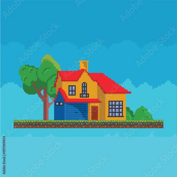 Fototapeta 8-bits houses with tree gaming assets