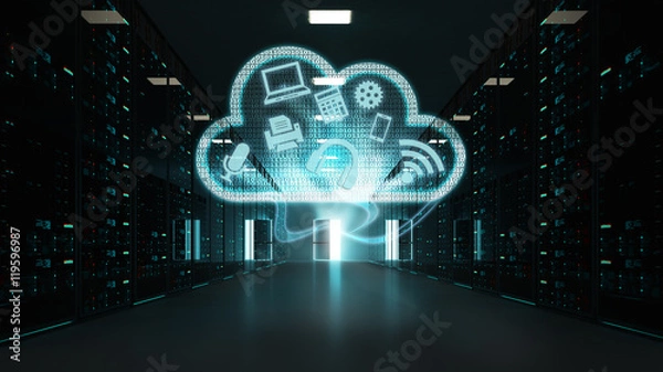 Obraz 3D rendered scene of a server room, representing advanced cloud computing, and Hi-tech computing power
