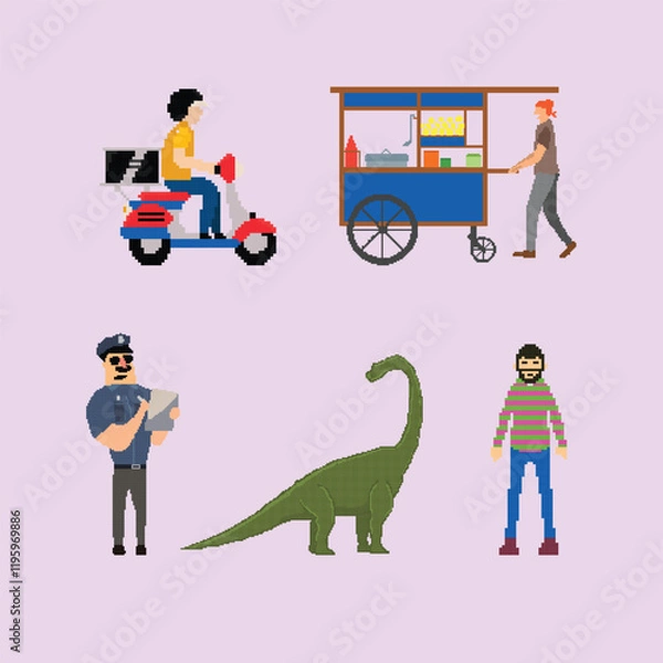 Fototapeta Set of pixelated characters 8-bit style