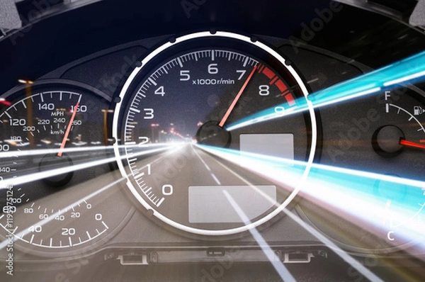 Fototapeta Car speedometer. High speed on a car speedometer and motion blur.