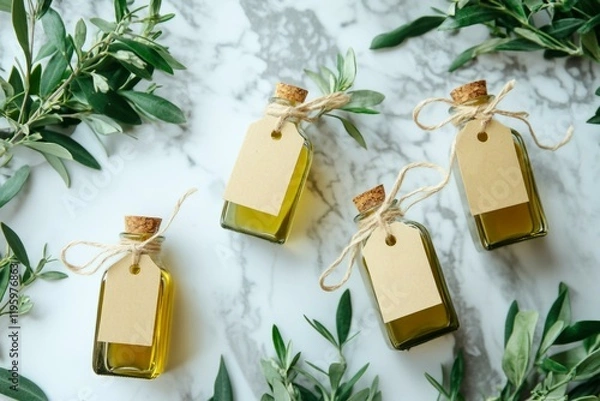 Fototapeta Elegant wedding favor tag mockup with olive oil bottles and greenery on marble background for reception decor