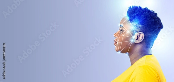Fototapeta A profile view of a person with a digital overlay illustrating face recognition technology. Features bright colors that emphasize modern, advanced identification processes in an empty background.