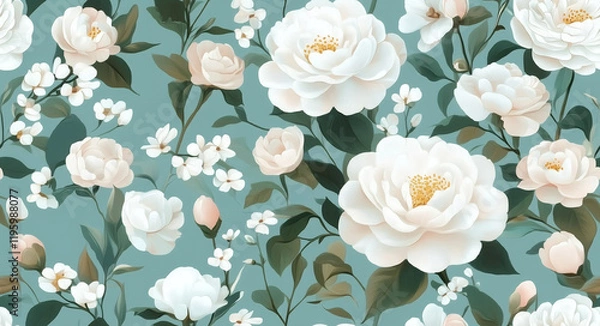 Fototapeta Seamless elegant floral pattern with white camellia roses and lush green leaves on pastel teal background