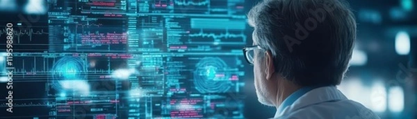 Fototapeta A doctor reviewing a complex digital chart, innovative and focused, space for text above