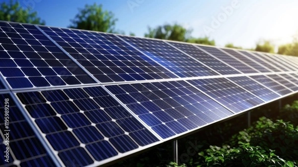 Fototapeta A close-up of solar panels reflecting sunlight, set against a backdrop of greenery, showcasing sustainable energy technology.