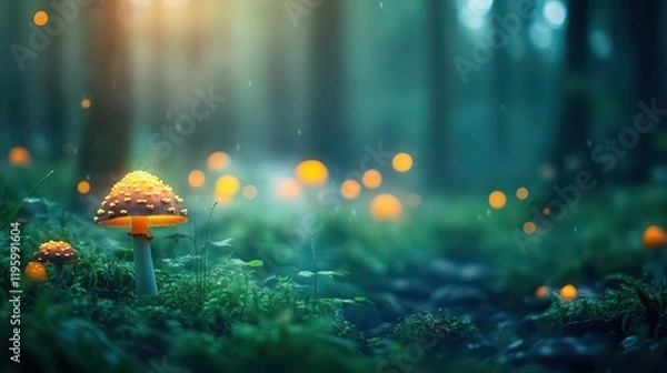 Fototapeta A mystical forest with glowing mushrooms and magical creatures, cinematic mood, soft light