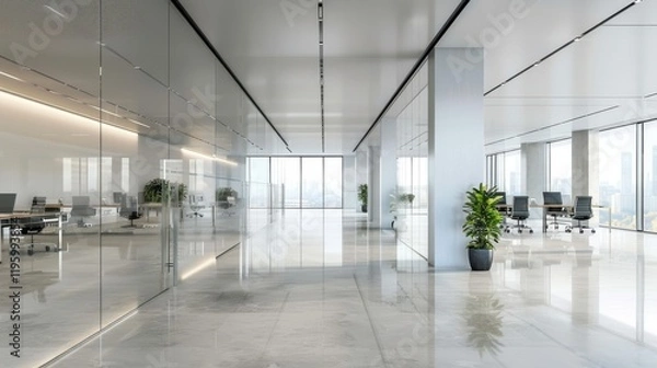 Obraz Modern Office Corridor with Glass Walls and City Views.