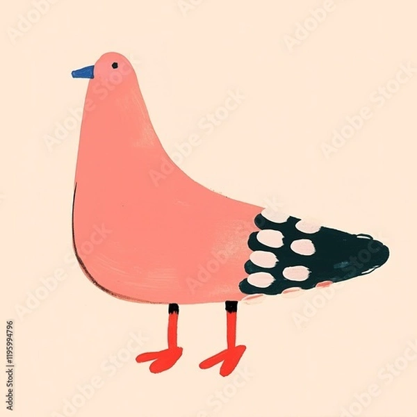 Fototapeta A colorful, cartoon-style pigeon stands against a light background, featuring a pink body, a black and white tail, and vibrant orange legs.