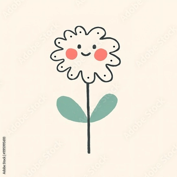 Fototapeta A cute, cartoon-style flower with a smiling face, featuring a white petaled bloom, pink cheeks, and green leaves against a light background.
