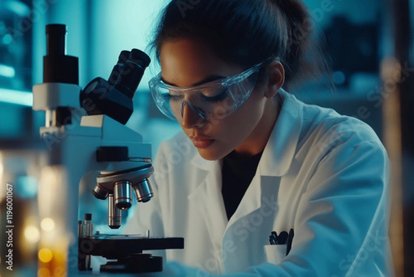 Fototapeta Medical Research Laboratory: Scientist Using Micropipette to Analyze Samples Under Microscope. Advanced Scientific Lab for Medicine, Biotechnology.