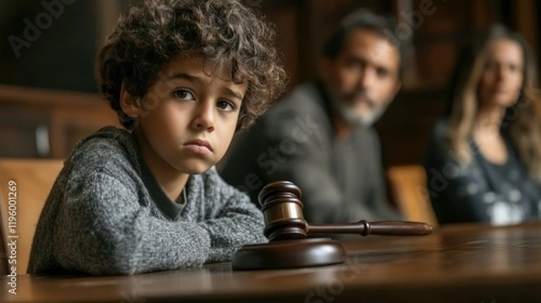 Fototapeta Sad boy sitting at a table in the background of his parents.