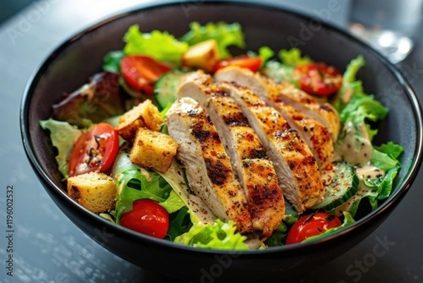 Obraz Colorful bowl of chicken salad with tomatoes, greens, and seasoned croutons