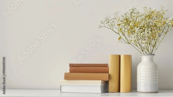 Fototapeta Neutral Home Decor Still Life Books, Flowers, Vase.