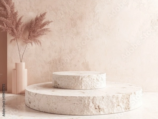 Fototapeta White pedestal with two round bases and a white vase with a brown stem. The pedestal is empty and the vase is filled with a brown flower. Scene is elegant and sophisticated