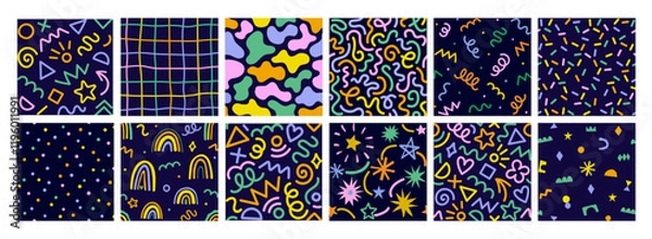 Fototapeta Collection of retro 80s, 90s colorful vector seamless patterns. Doodle fun kid backgrounds. Childish cute hand drawn design useful for fabric, textile, cover, banner, label, print, wrapping, wallpaper