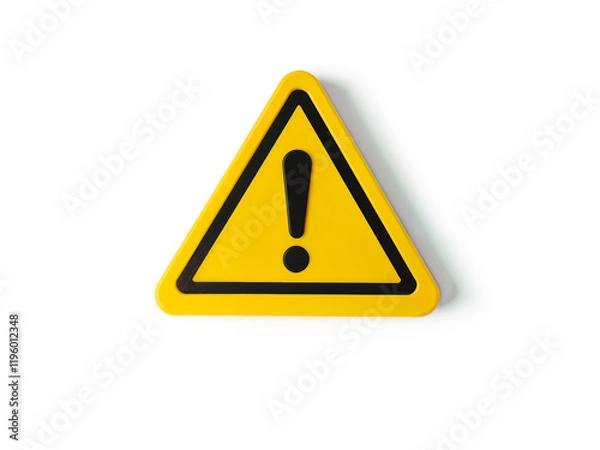 Fototapeta Bright yellow triangular warning icon with a bold exclamation mark for safety and hazard themes. Generative AI
