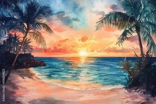 Fototapeta Tropical beach scene with palm trees and vibrant sunset over ocean.