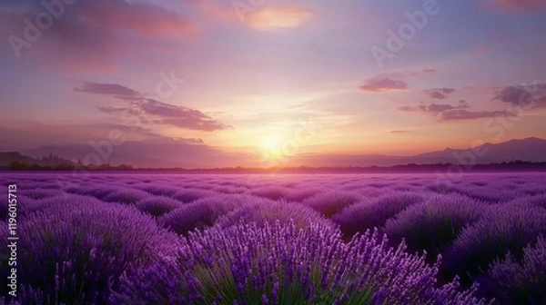 Fototapeta Stunning Lavender Fields at Sunset with Vibrant Purple Rows and Golden Hour Tranquility in a Picturesque Landscape






