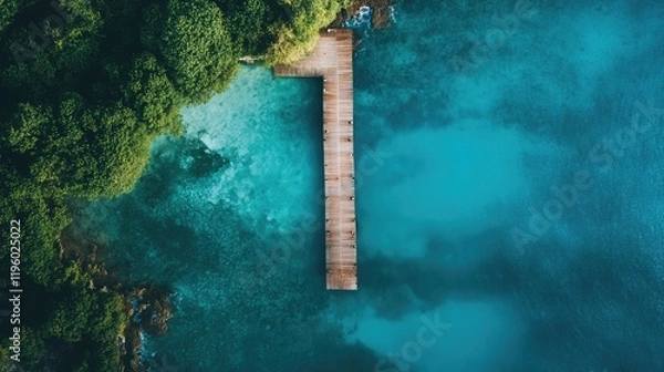 Fototapeta A wooden dock extending into the turquoise waters of a tropical port.