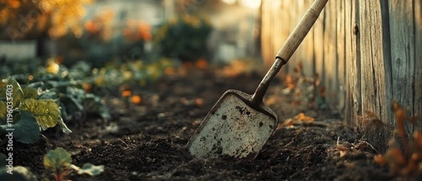 Fototapeta  Garden hoe leaning against wooden fence with dirt smudges on metal blade, blurred background showing vegetable patches and gardening tools, creating rustic and natural gardening scene.