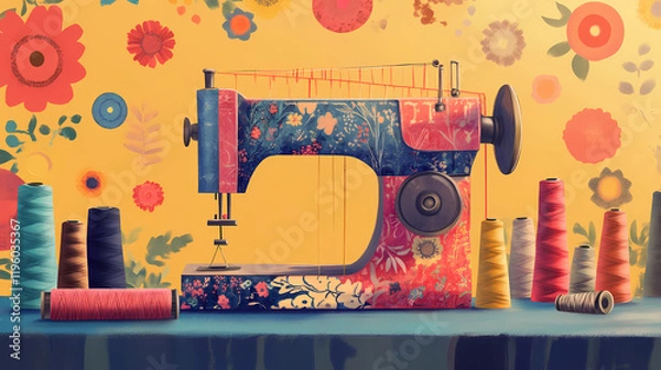 Fototapeta A colorful sewing machine surrounded by spools of thread and fabric samples. Thornspire. Illustration