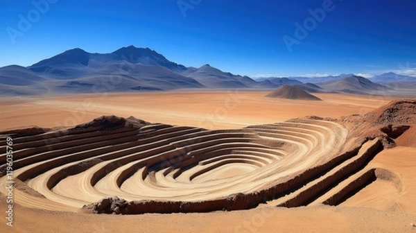 Fototapeta A wide aerial view of a large open-pit mine, showcasing terraced layers of soil and rock under clear skies.