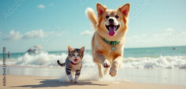 Obraz Playful dog and cat running on the beach, enjoying a sunny day by the ocean, capturing the essence of fun and companionship in a vibrant outdoor setting.