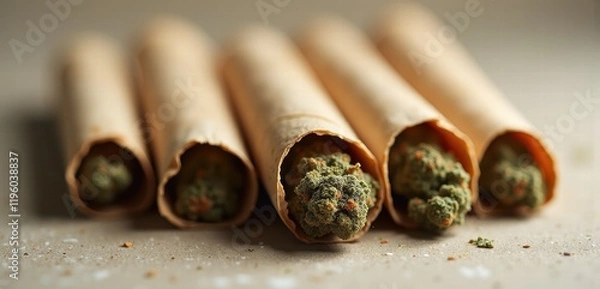 Fototapeta Close-up of pre-rolled cannabis joints ready for use, showcasing the natural texture and rich colors of the product.