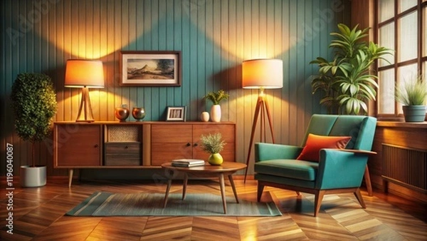 Fototapeta Mid-century modern living room: 3D-rendered vibrant armchair and sleek console create a stylish retro space.