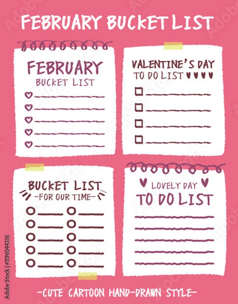 Fototapeta Hand drawn style valentine's day bucket lists set. Checklists with heart and flower pattern. Cartoon doodle style day do list for lover. Cute colorful romantic bucket list memo. Chart Paper note Idea