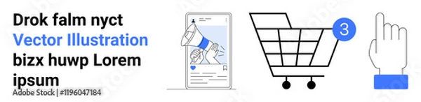 Fototapeta Smartphone with megaphone, shopping cart with notification icon, and pointing hand. Ideal for digital marketing, e-commerce, online shopping, social media, notifications, user interaction, mobile