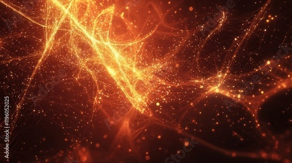 Fototapeta Abstract digital background featuring vibrant orange and gold light trails, shimmering particles, and an ethereal glow creating a captivating visual experience.