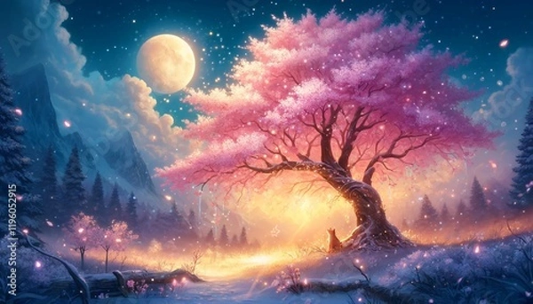 Fototapeta A tranquil and fantastical winter night landscape showcasing a blooming sakura tree with snow-covered branches under a golden moonlight sky, evoking warm serenity