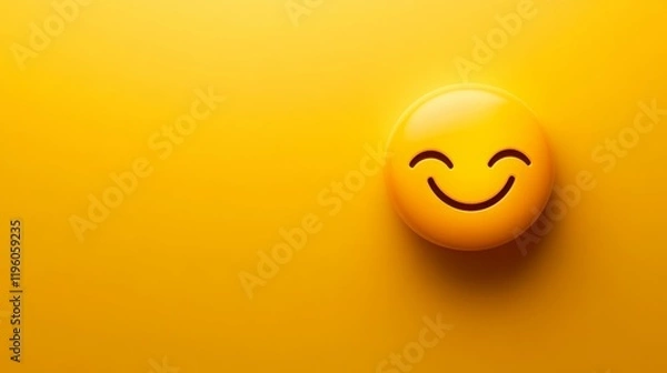 Fototapeta Happy emoticon on yellow background.  Smiling face, cheerful mood.