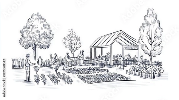 Fototapeta Community garden with people tending plants and gathering under a pavilion.