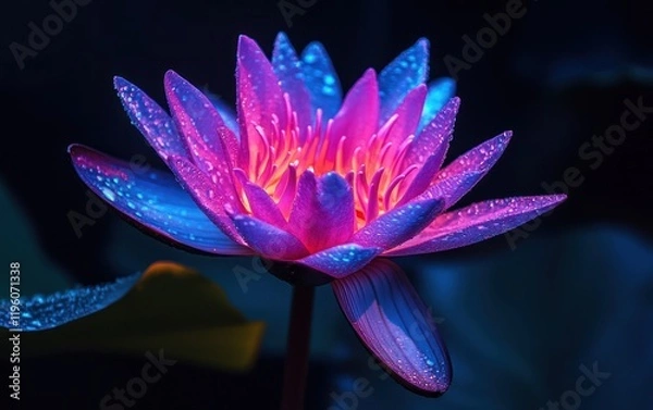 Obraz A neon pink lotus flower glowing in the dark, against a black background