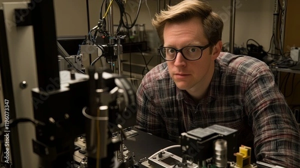 Obraz Focused technician in tech lab troubleshooting complex system surrounded by electronic components and cables
