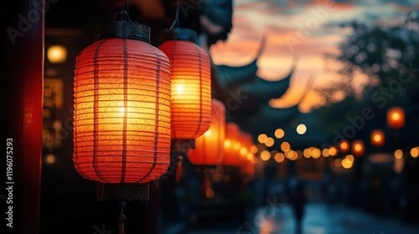 Obraz Illuminated lanterns glow at sunset, Asian street scene