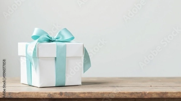 Fototapeta A single white gift box adorned with a delicate light blue ribbon sits on a rustic wooden surface against a neutral backdrop