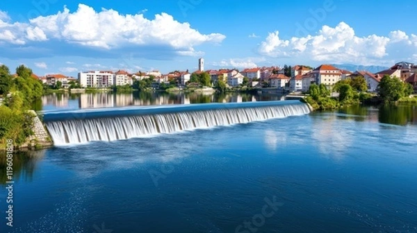 Obraz River town landscape with dam