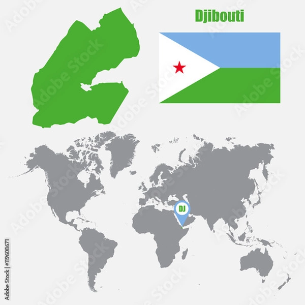 Fototapeta Djibouti map on a world map with flag and map pointer. Vector illustration